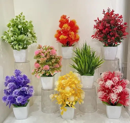 Delightful Poted Artificial Multicolor Decor | Fake Plants | Artificial Plants ( Pack of 8)