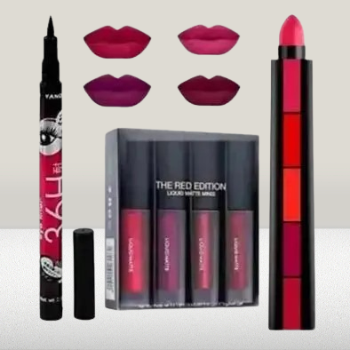 5 in 1 Creamy Lipstick+ Liquid Matted Mini Lipsticks 4 Piece, Waterproof Eyeliner ( 6 ITEMS in combo)